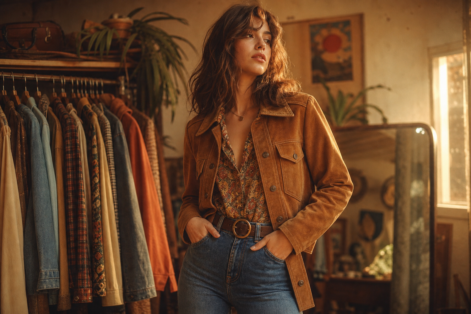 Editorial-style portrait of a model wearing a vintage 1970s suede jacket and high-waisted denim in warm film lighting