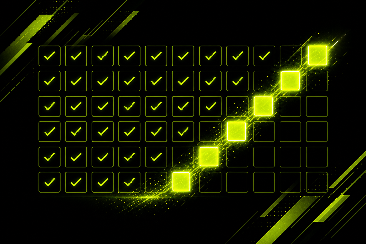 Abstract neon lime graphic representing consistency, geometric grid of glowing checkmarks forming an upward trend line on black background