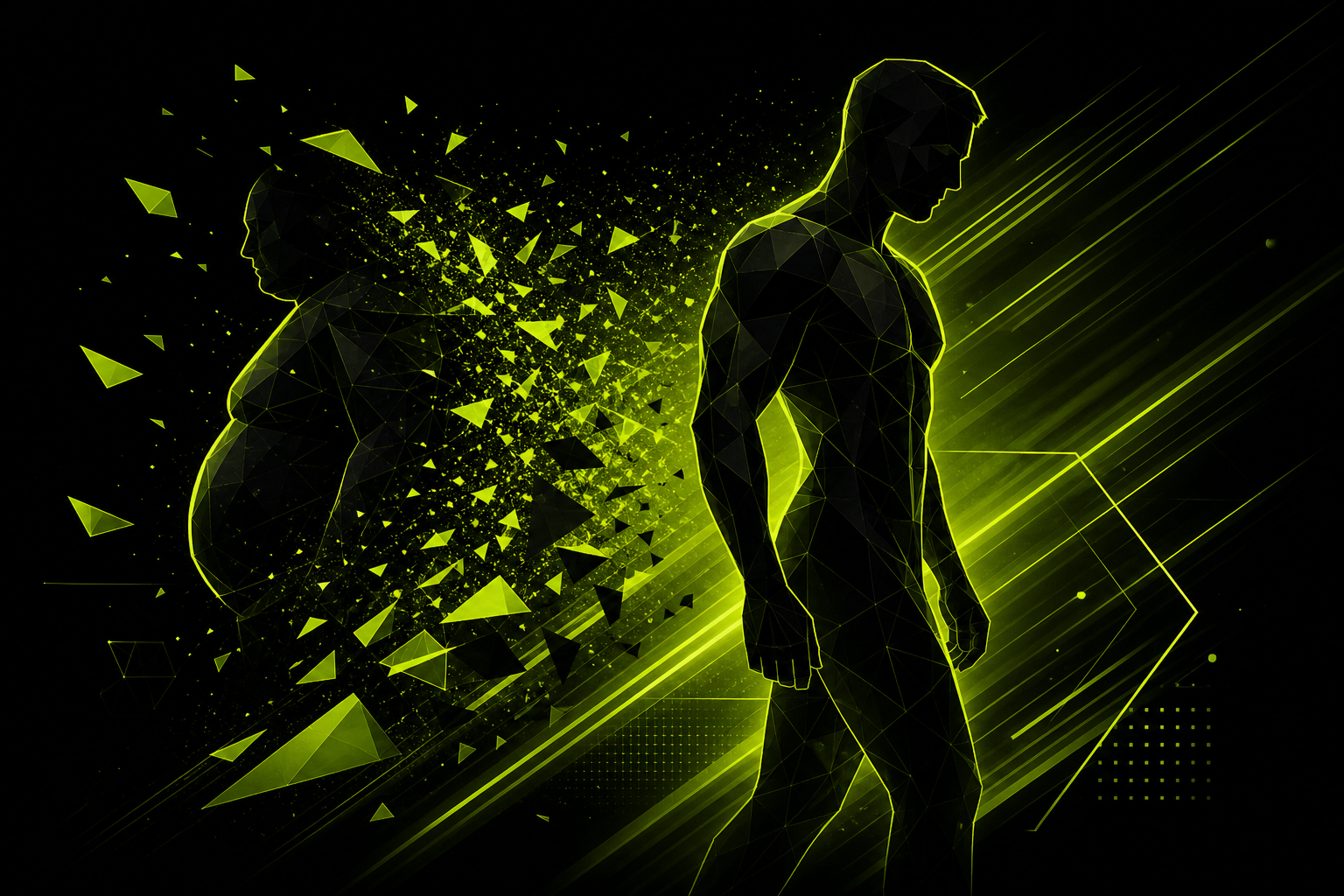 Abstract neon lime graphic representing fat loss transformation, fragmented geometric shards dissolving around a shrinking silhouette on black background