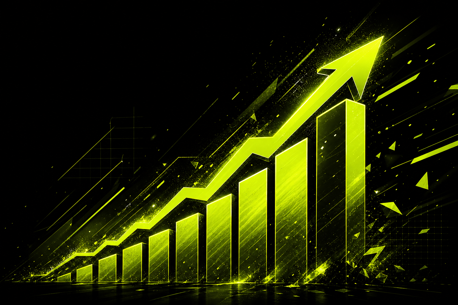 Abstract neon lime graphic representing strength gains, bold ascending geometric bars and dynamic motion lines on black background