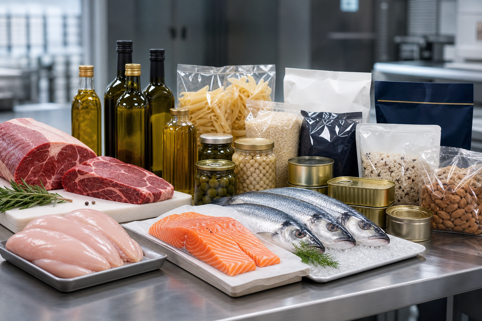 Curated wholesale assortment of meats, fish, oils, and packaged food products