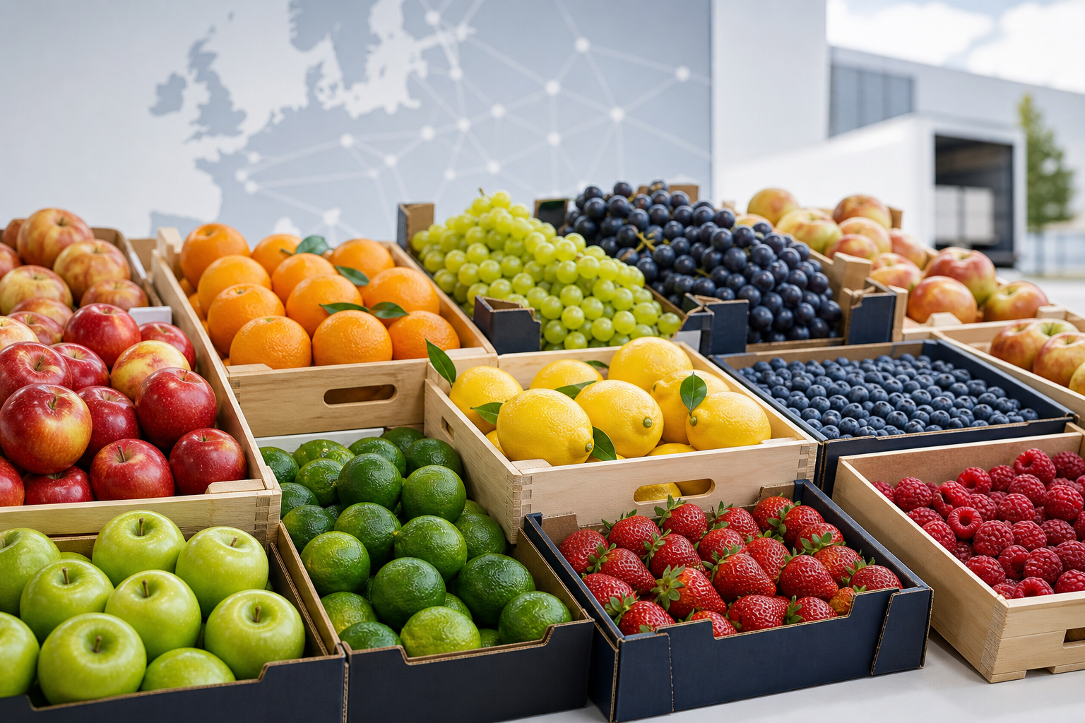 Assorted fresh fruits in a clean professional wholesale presentation