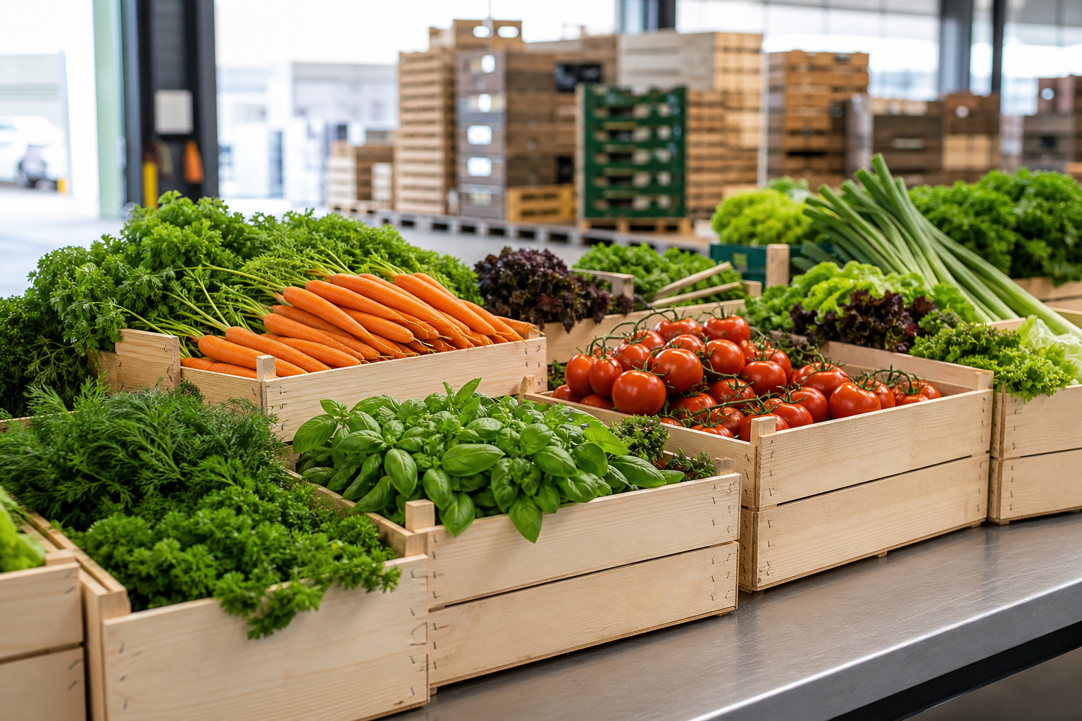 Fresh vegetables and herbs arranged in professional wholesale crates