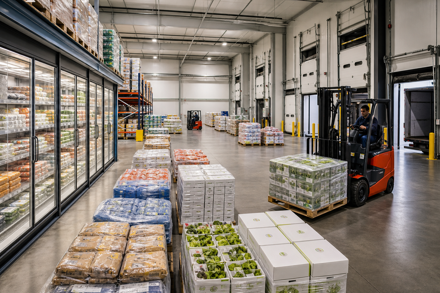 Entrepôt alimentaire moderne avec palettes de produits frais, chariots élévateurs et quais de chargement pour la distribution européenne