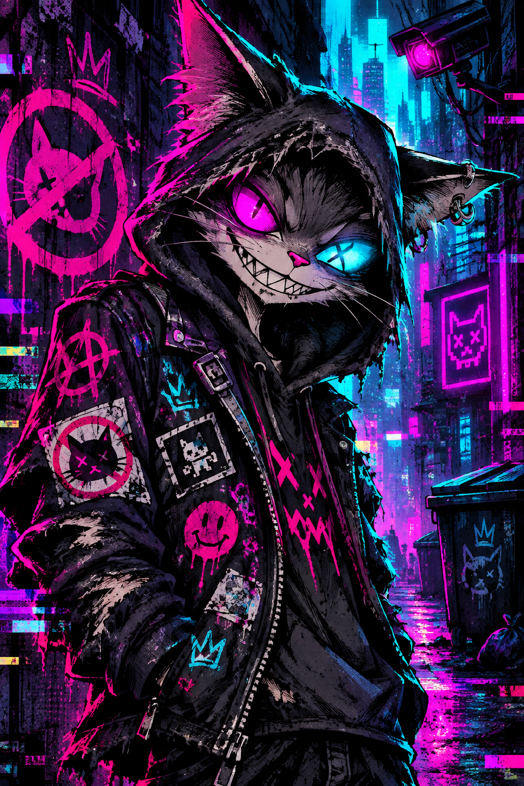 Anti cat character in a webpunk comic style with jagged grin, mismatched glowing eyes, torn hoodie, and chaotic neon graffiti aura in a dystopian digital alley