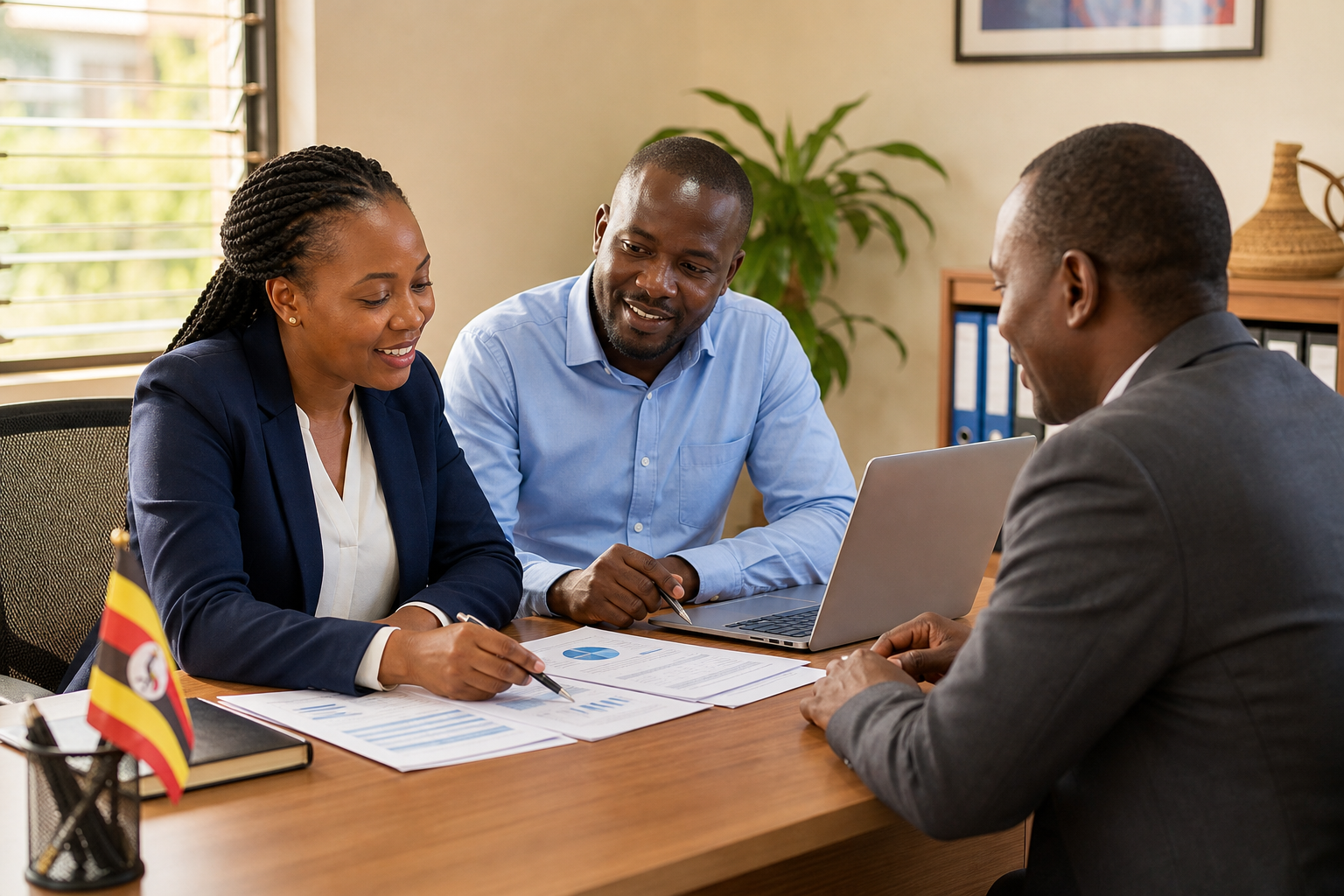 Two ACX consultants meeting a school administrator in a bright office, reviewing documents and a laptop, professional yet friendly atmosphere.