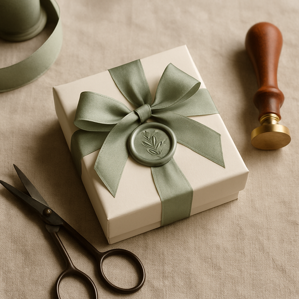 Sage ribbon gift wrapping with stamped seal