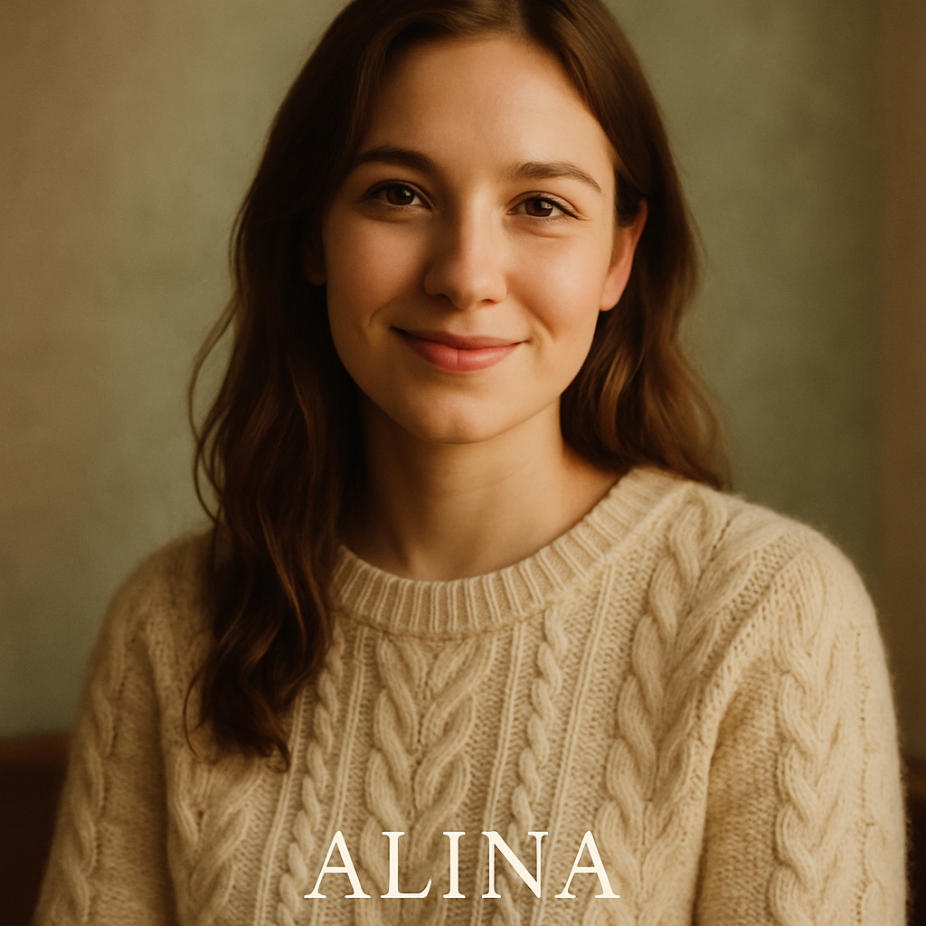 Portrait of Alina in a cream knit sweater