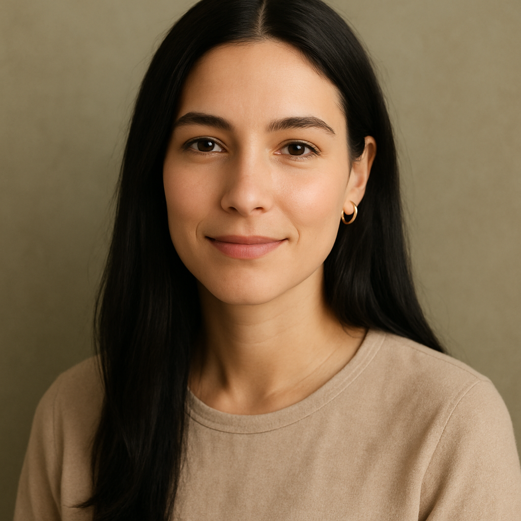 Portrait of Eden with long black hair and gold hoop earrings