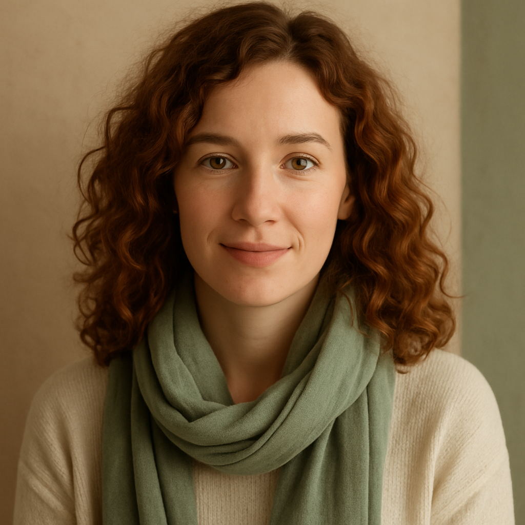Portrait of Jules with auburn curls and a soft green scarf