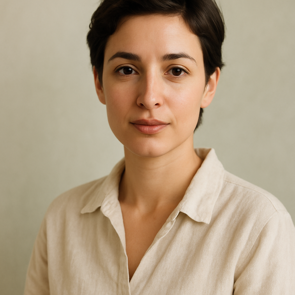 Portrait of Maya with short dark hair and a linen shirt