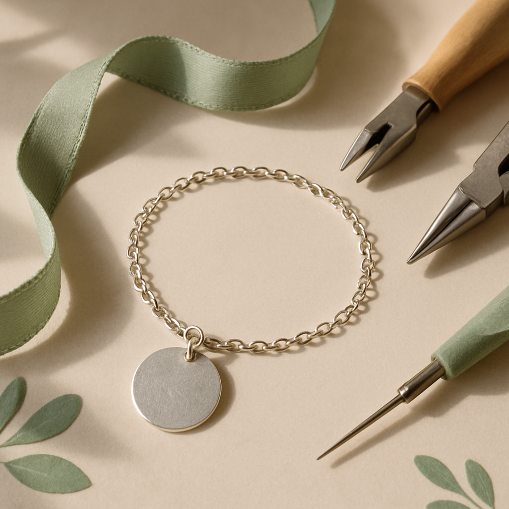Silver pendant bracelet styled beside sage ribbon and craft tools