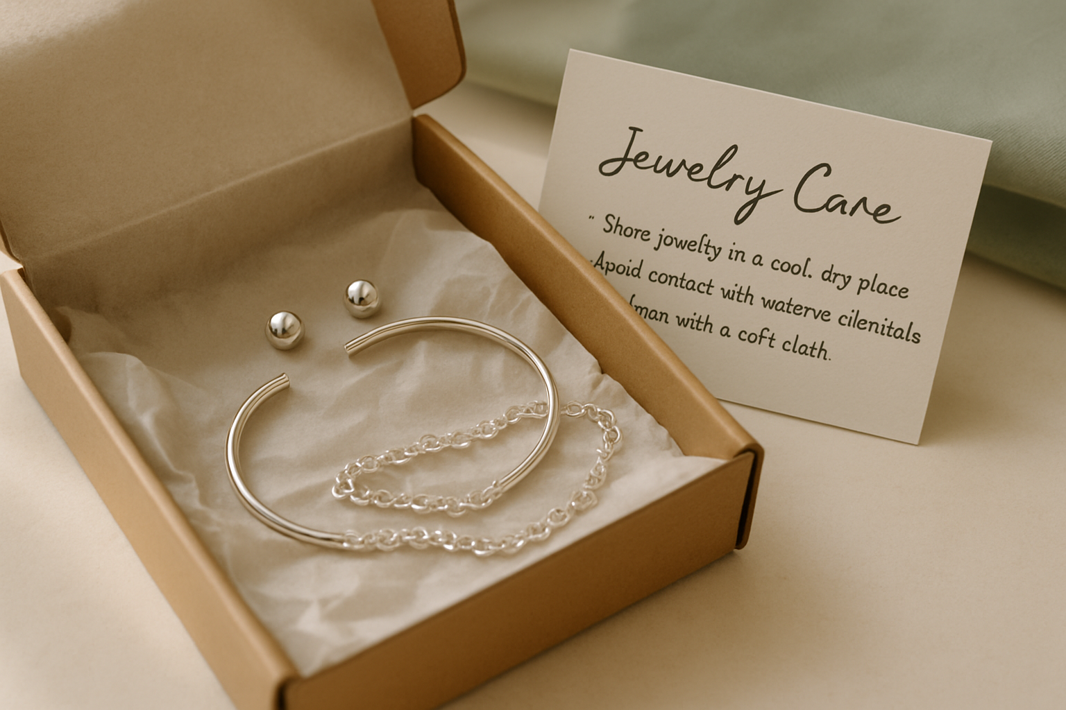 Unboxing detail with jewelry resting on tissue paper and care card