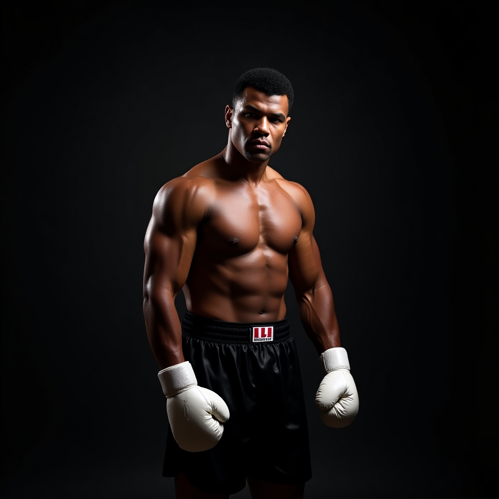Portrait of Muhammad Ali, tall Black heavyweight boxer in white gloves and black trunks, confident pose