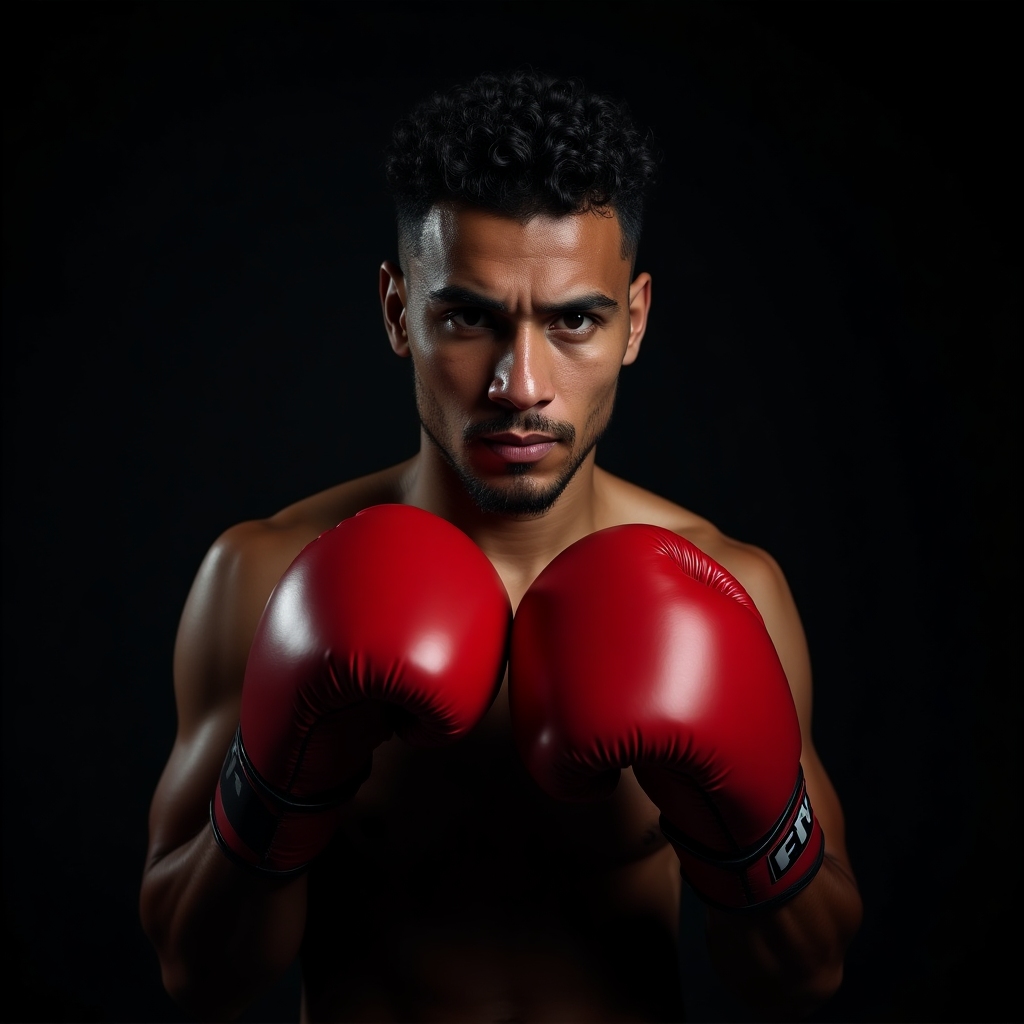 Portrait of Roberto Durán, compact Latin American boxer with short curly hair and red gloves