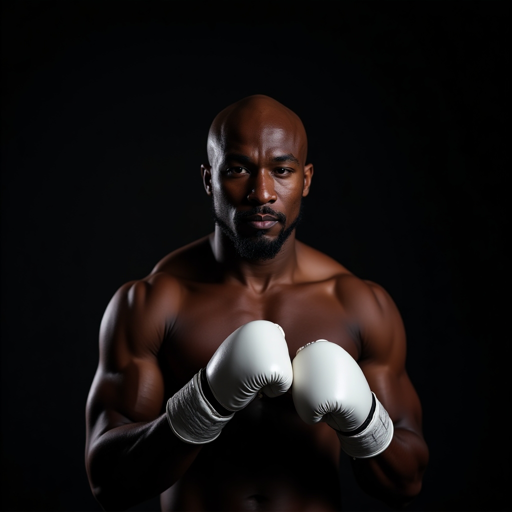 Portrait of Floyd Mayweather Jr., stylish Black boxer with trimmed beard and white gloves