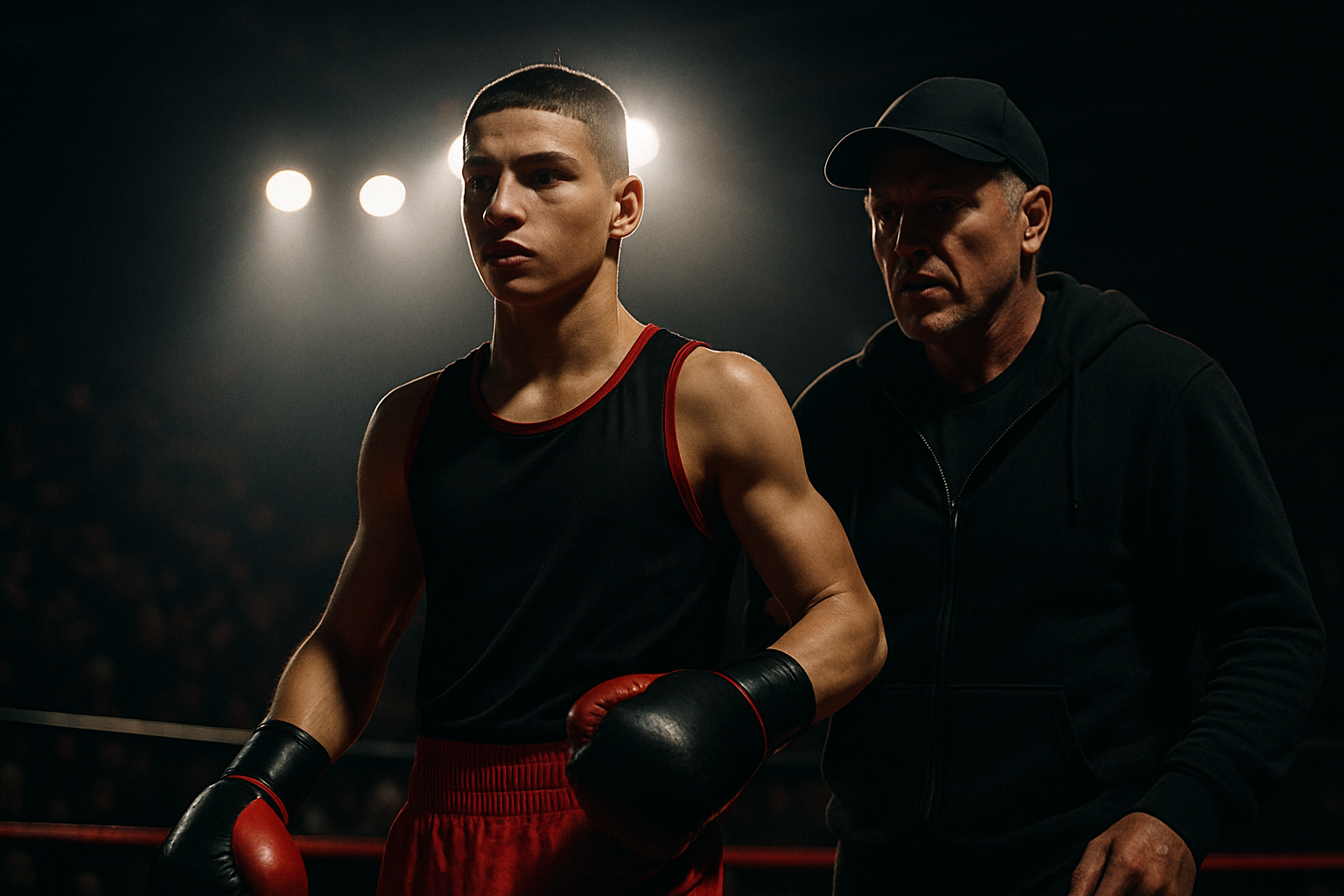 Young boxer entering the ring with a coach under bright arena lights