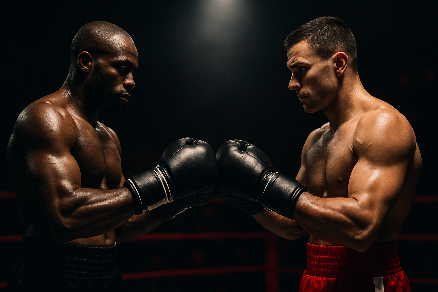 Two professional boxers touching gloves in a dramatic arena spotlight