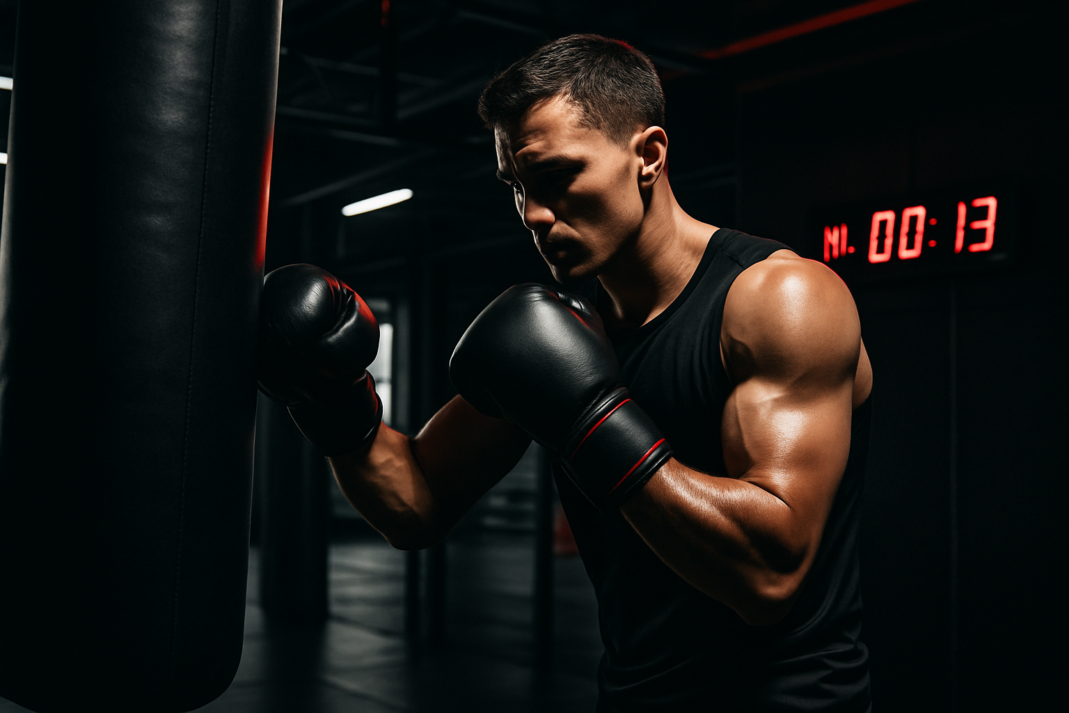 Boxer training in a modern gym with heavy bag and digital timers