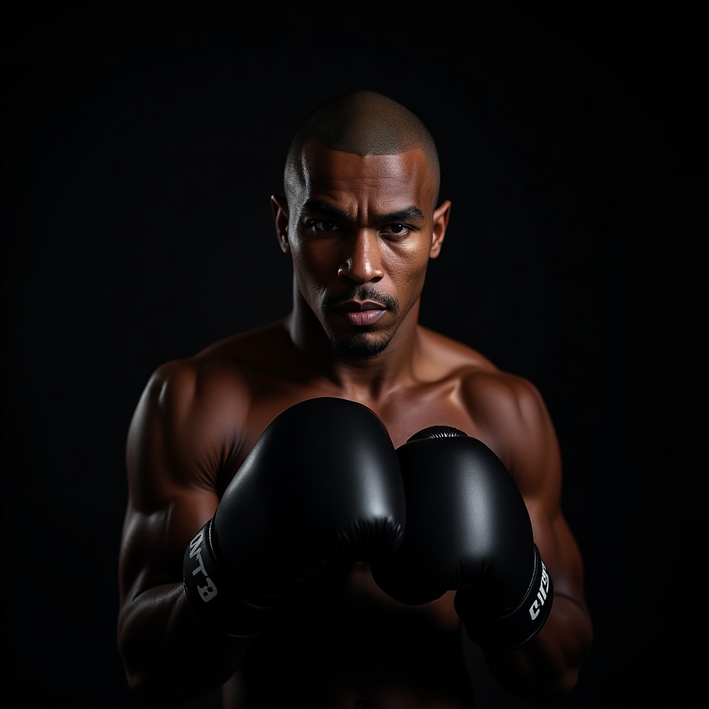Portrait of Mike Tyson, muscular Black heavyweight boxer with shaved head and black gloves