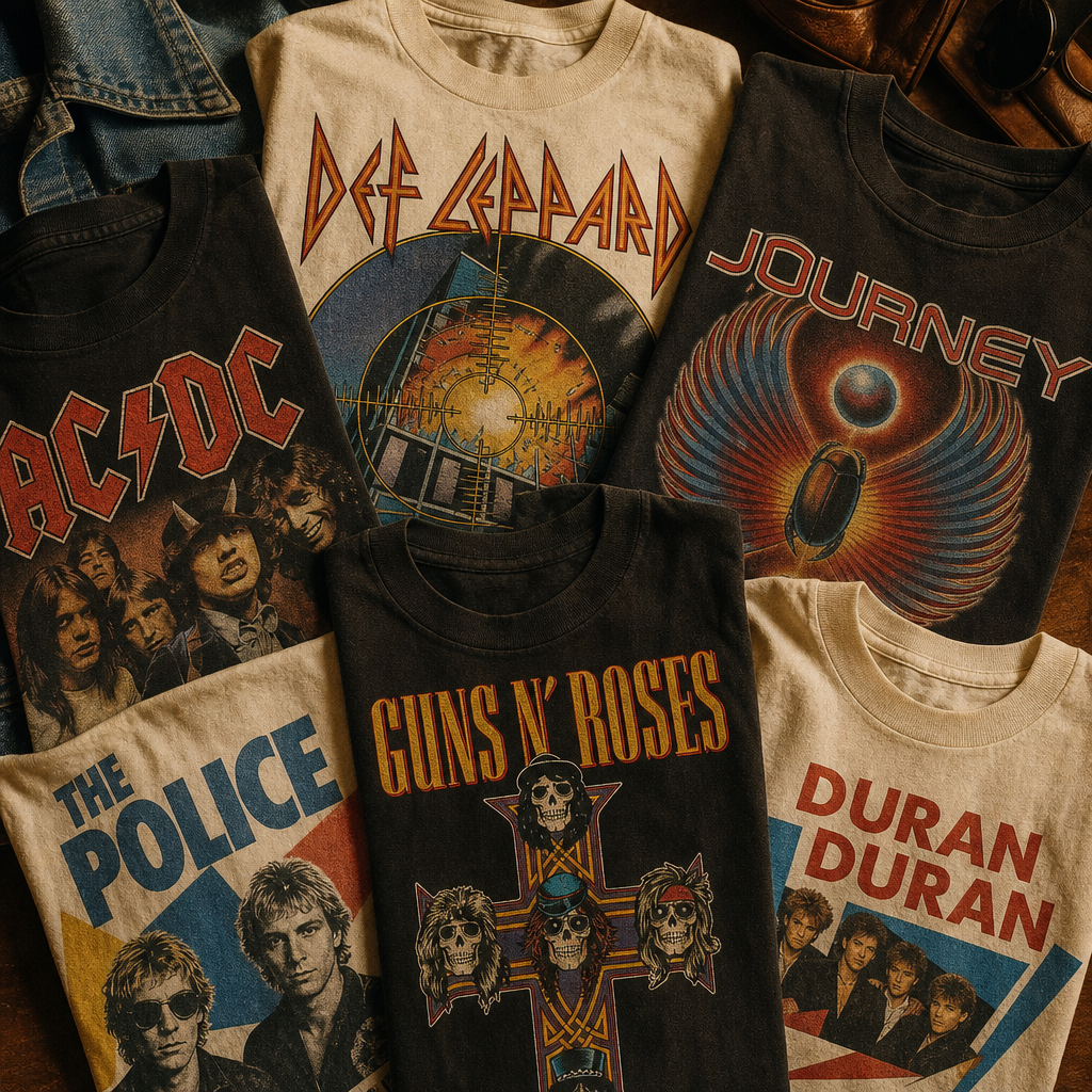 collection of 80s graphic tees with bold prints and band logos