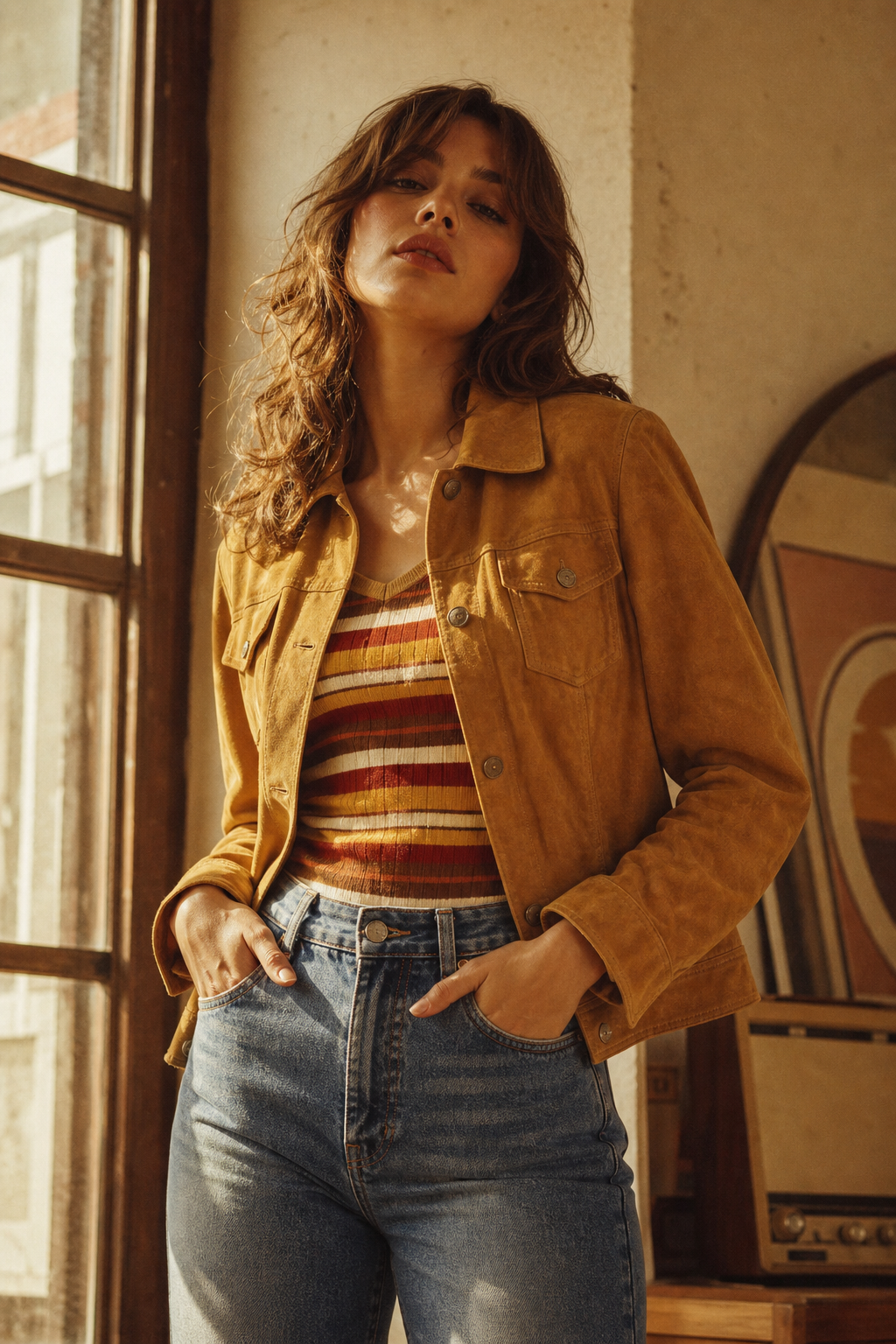 Model in a mustard suede jacket and high-waisted denim, standing in warm window light with a retro cinematic look