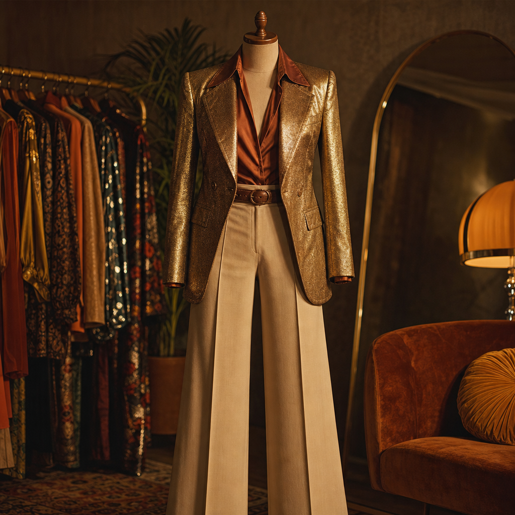 bold statement vintage outfit with metallic blazer and wide-leg pants