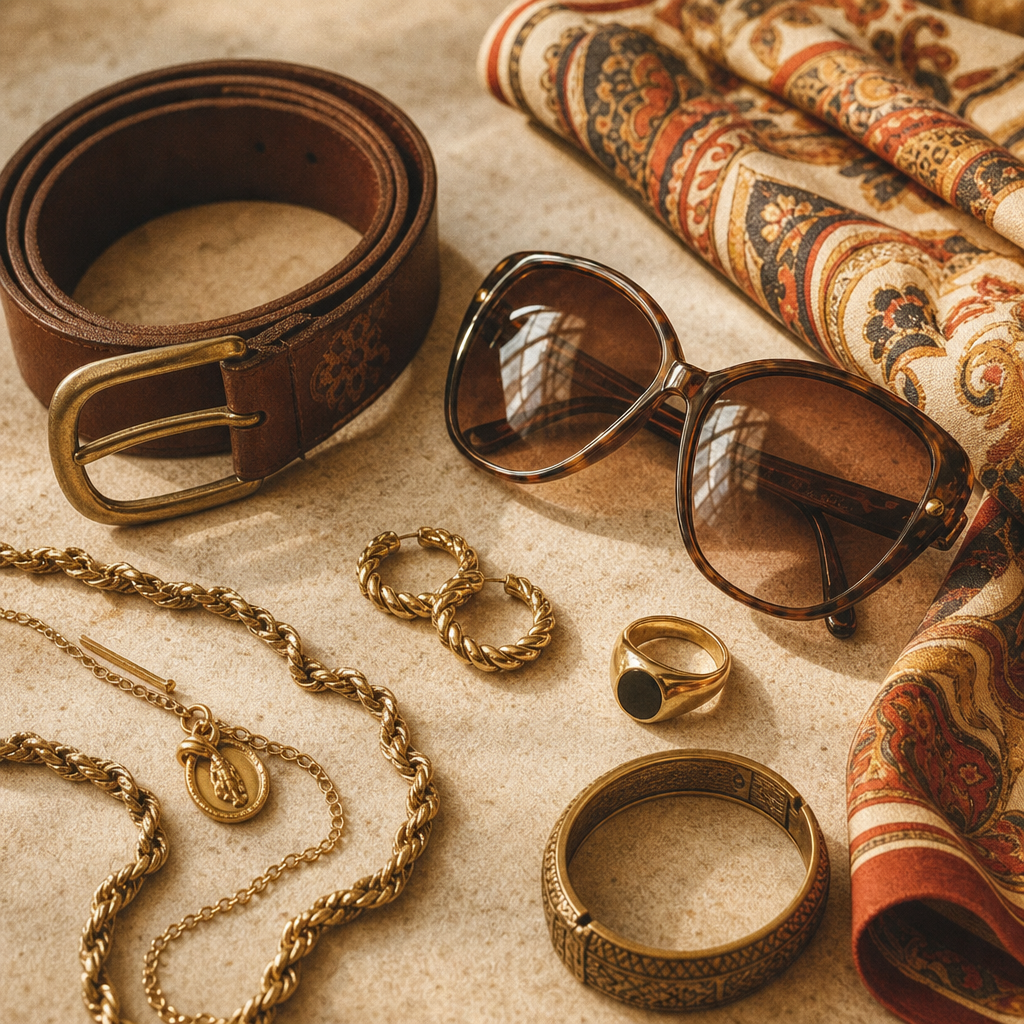 assortment of vintage accessories including belts, sunglasses, and scarves