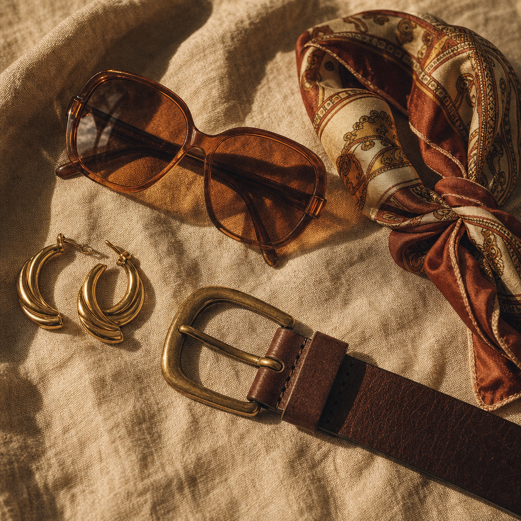 Flat lay of vintage accessories including amber-toned sunglasses, gold hoop earrings, and a brown leather belt on textured linen