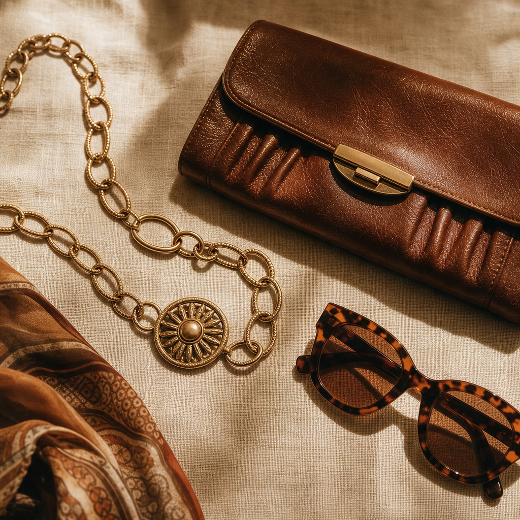 Flatlay of a faded gold chain belt, tortoiseshell sunglasses, and a brown leather clutch on textured linen
