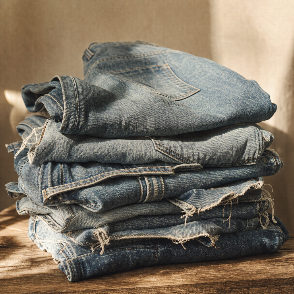 stack of faded blue denim jeans with raw hems