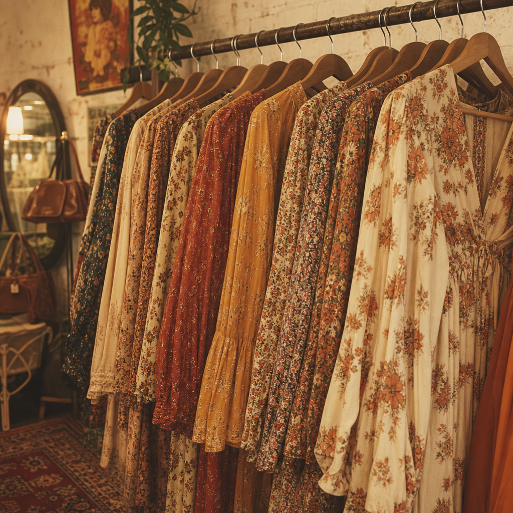 rack of flowing 70s dresses with floral prints and earth tones