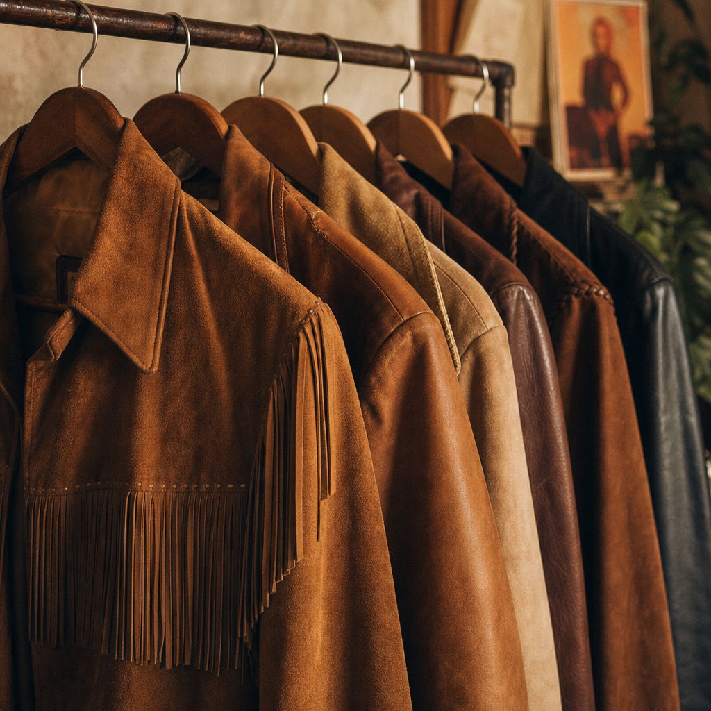 70s suede and leather jackets in warm brown tones on hangers
