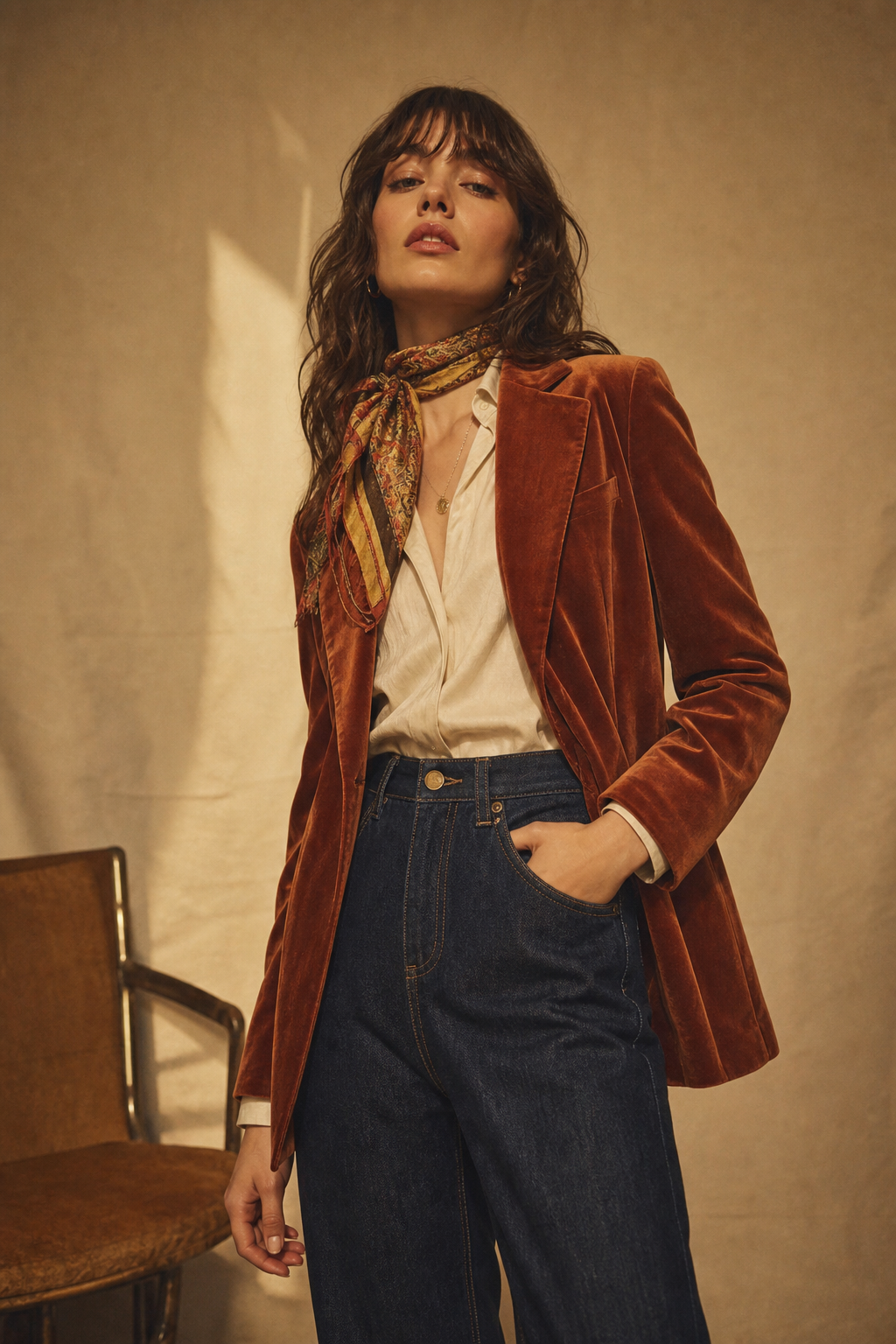 Editorial photo of a tall model wearing a rust velvet blazer, high-waisted dark denim, and a silk scarf in a softly lit studio