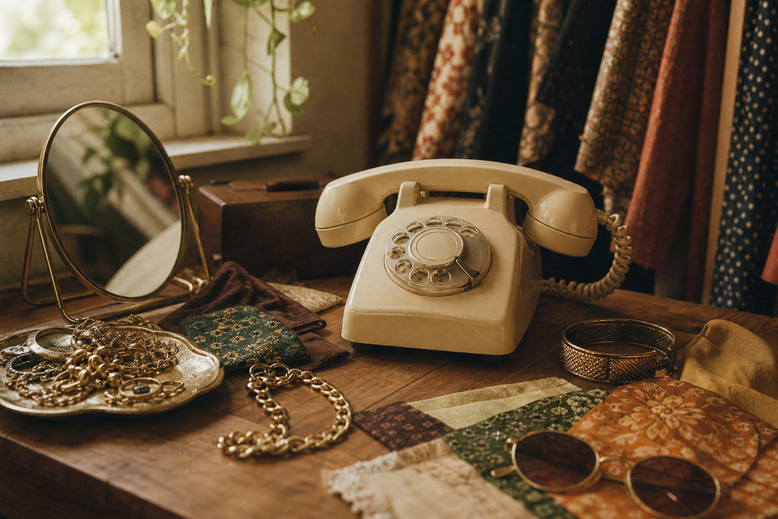 Warm film-style photograph of a cream rotary phone on a wooden styling desk with vintage accessories