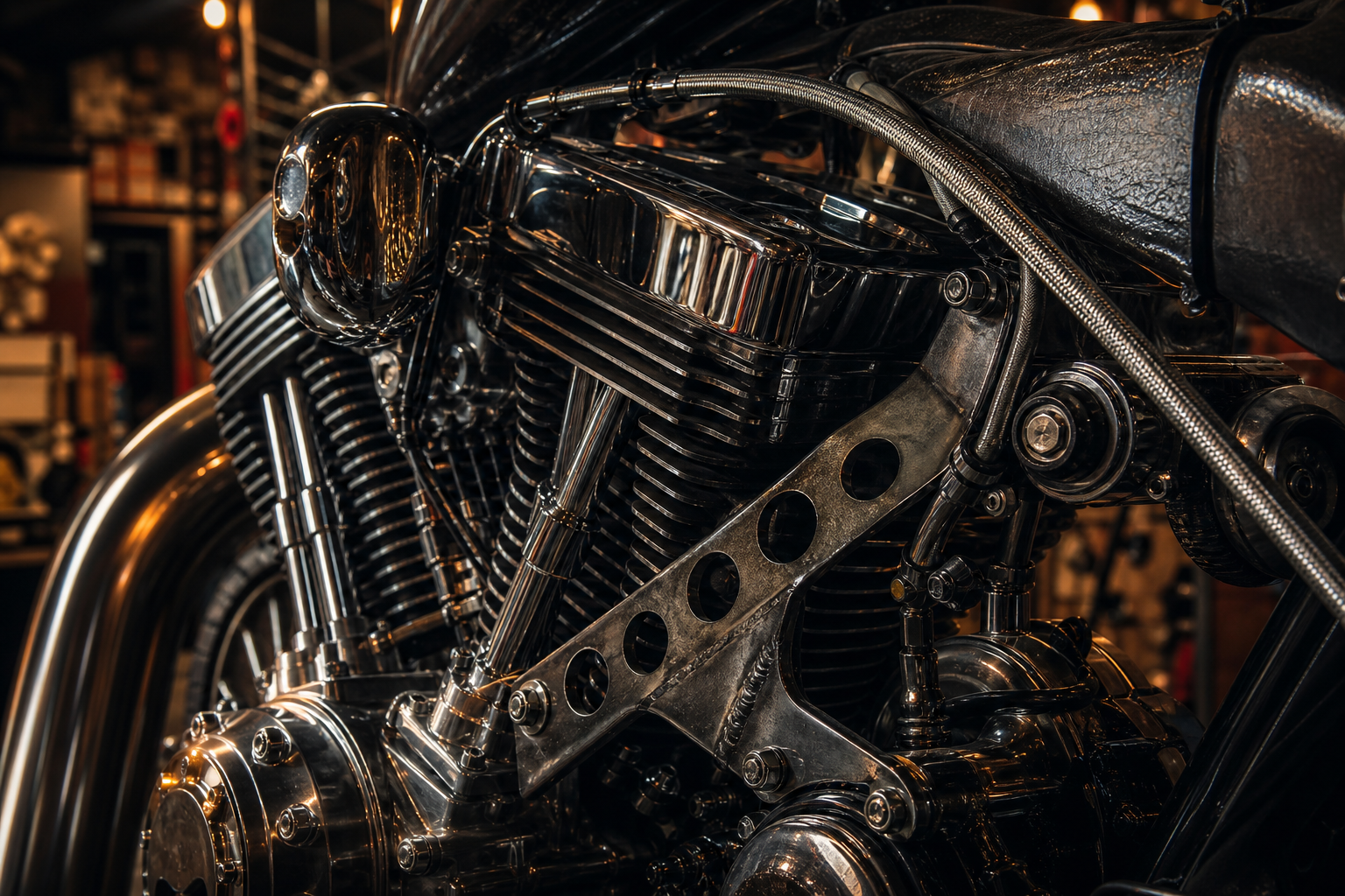 Close-up of polished chrome engine fins with hand-fabricated brackets and warm workshop light