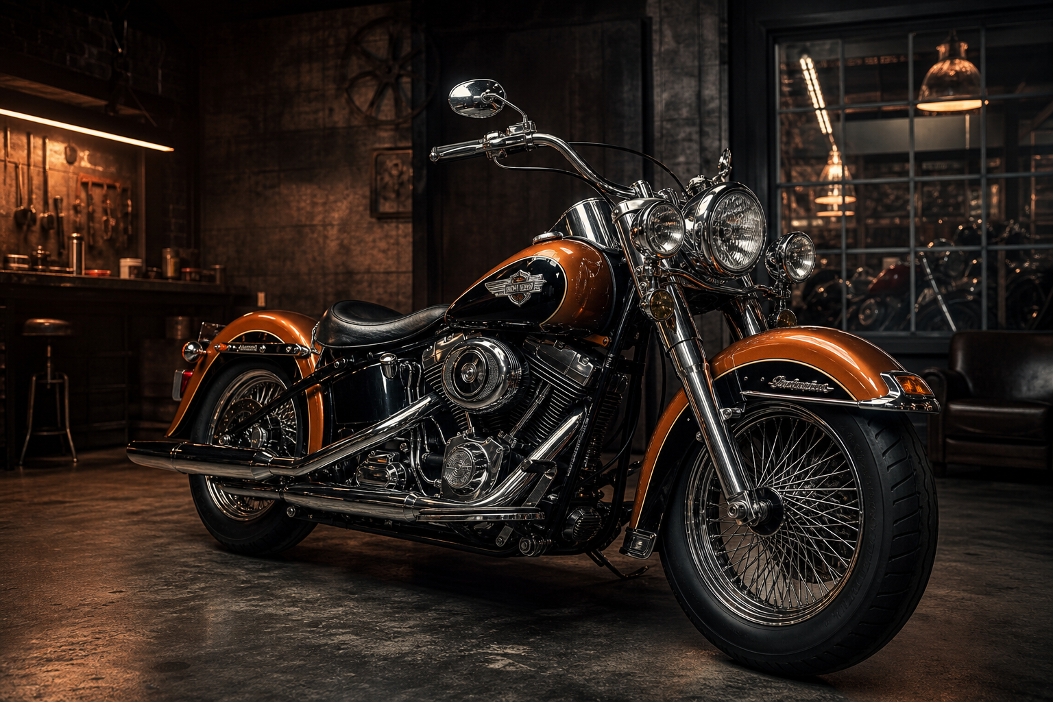 Restored vintage Harley-Davidson motorcycle with chrome tank details parked under warm workshop lights