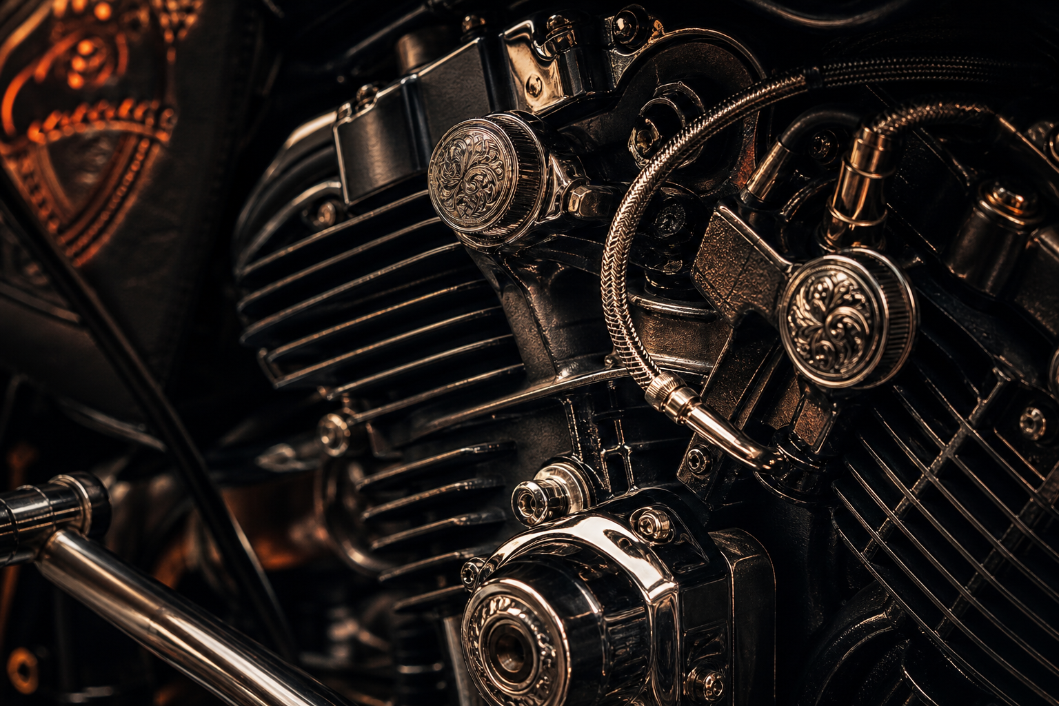 Close-up of custom motorcycle engine fins, matte black pipes, and hand-engraved chrome bolts