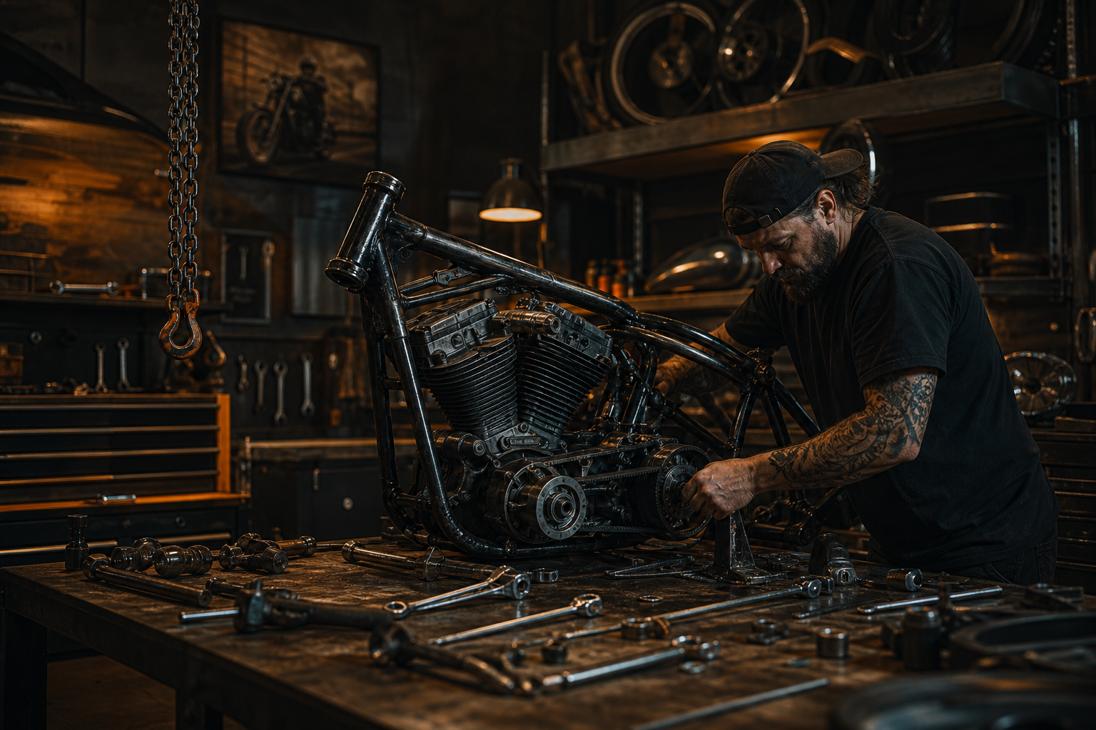 Independent builder assembling a motorcycle frame in a dim garage with hanging tools and steel workbench