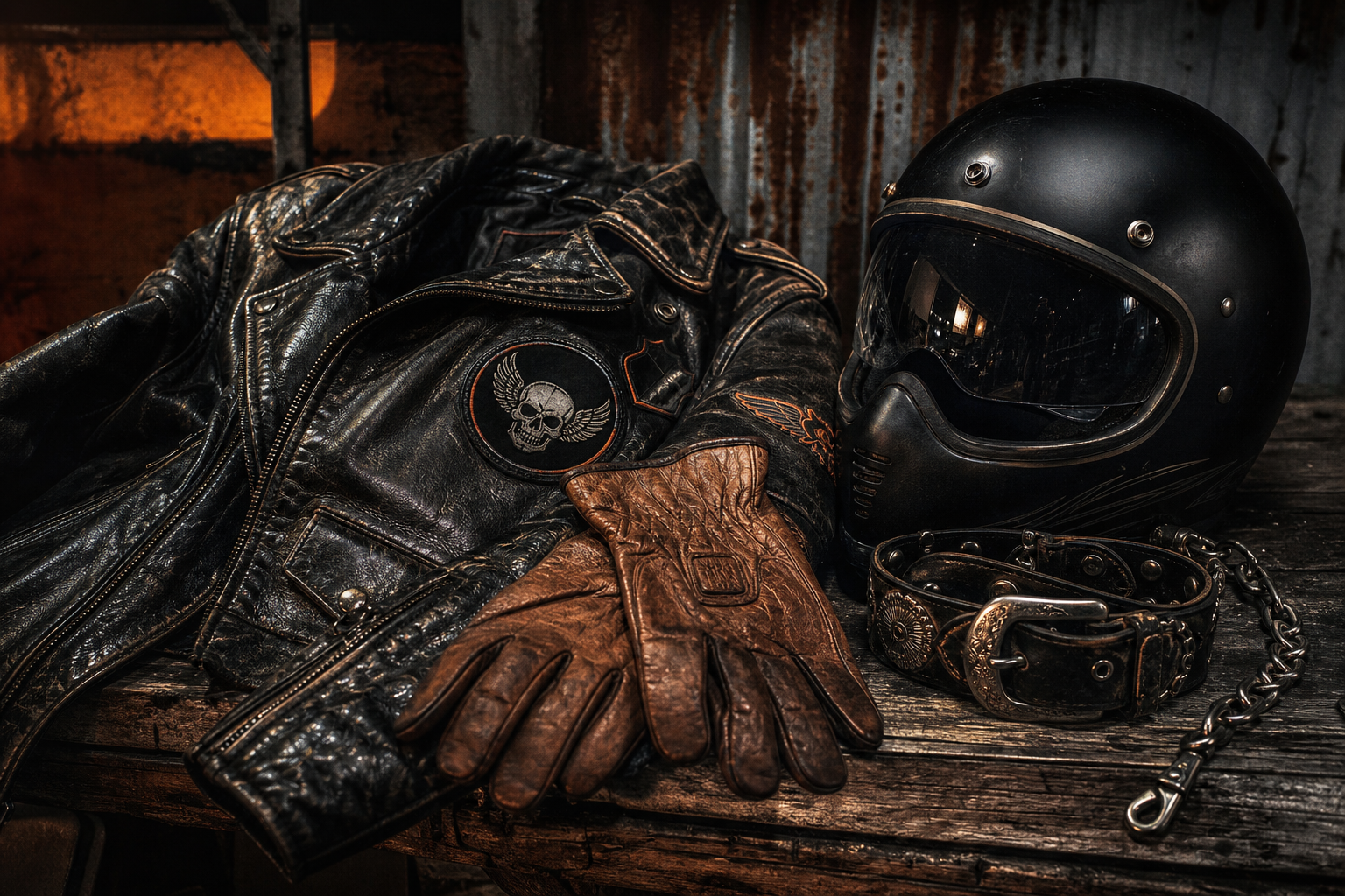 Worn black leather riding jacket, gloves, and helmet laid on a wooden bench with metal studs