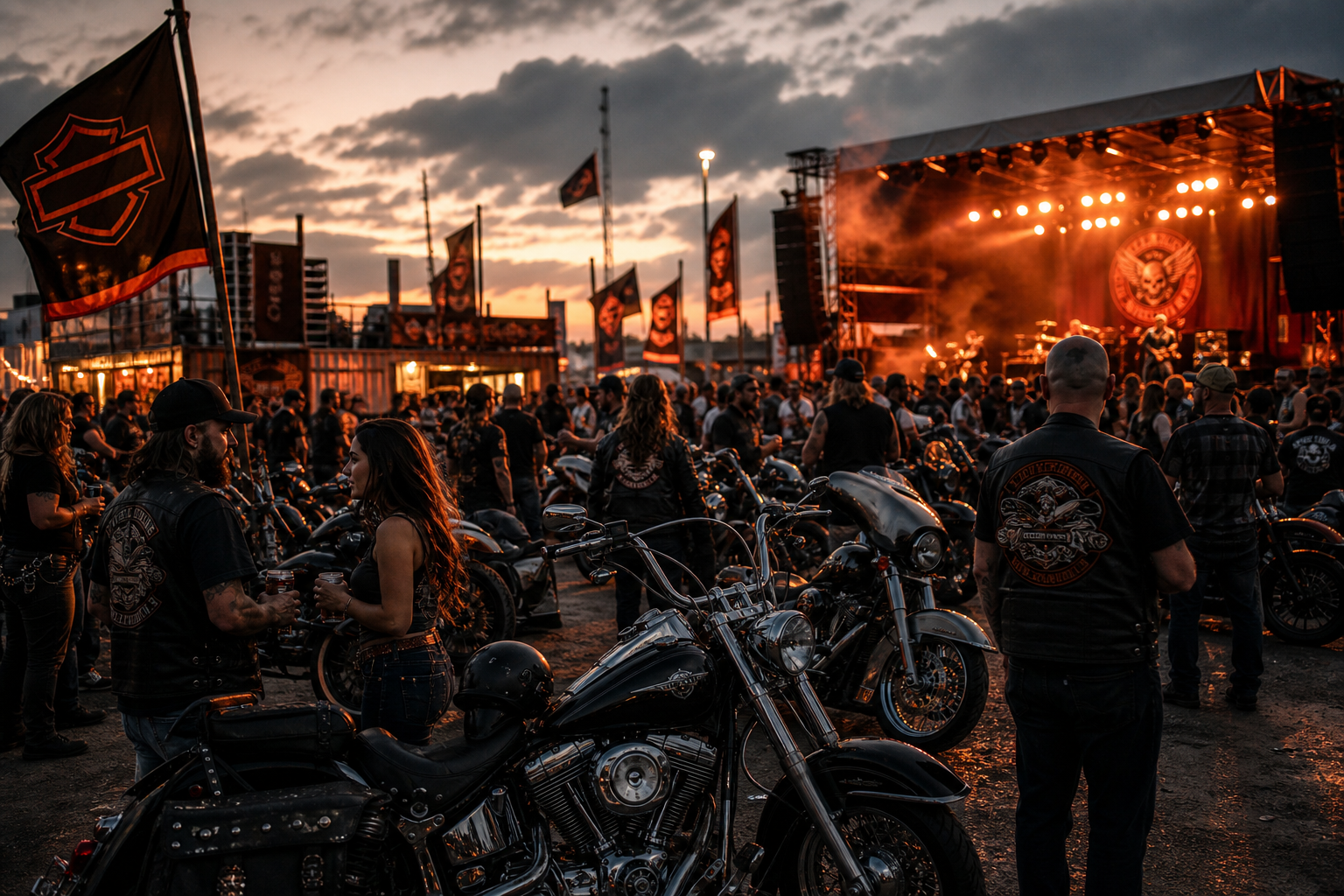 Packed biker rally crowd with raised flags, parked cruisers, and stage lights in smoky evening air