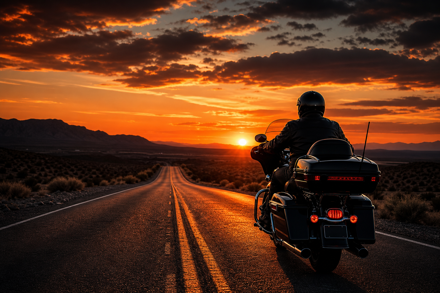 Long desert highway with a lone motorcycle silhouette riding toward a deep orange sunset