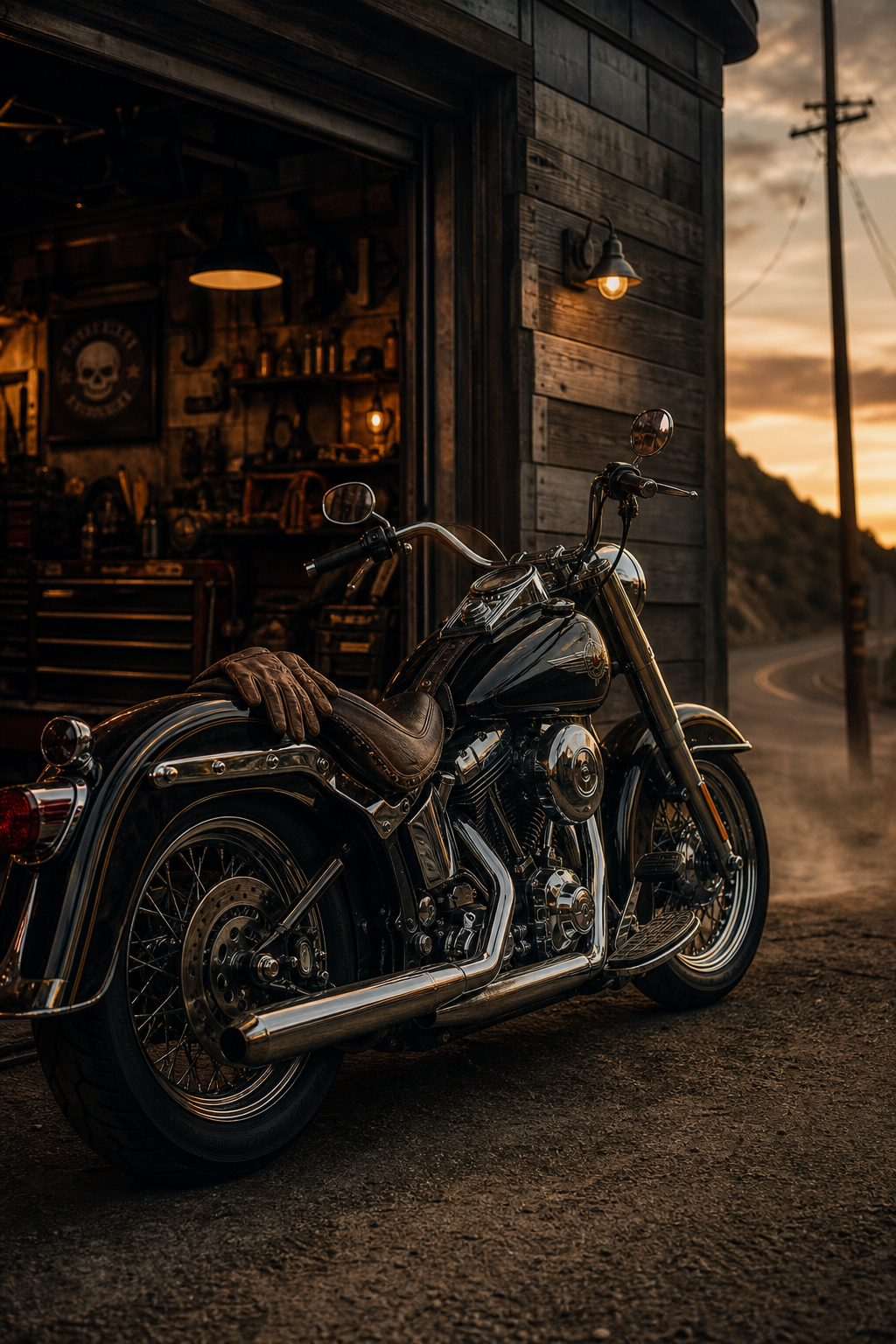 Classic Harley-inspired roadside moment at dusk with a vintage motorcycle parked near a weathered garage and warm workshop light