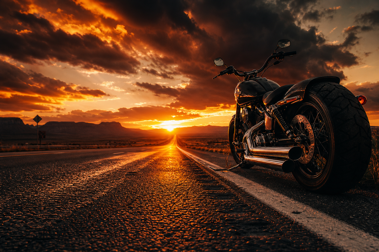 Dramatic open road at sunset with a Harley-inspired motorcycle silhouette and gleaming chrome details