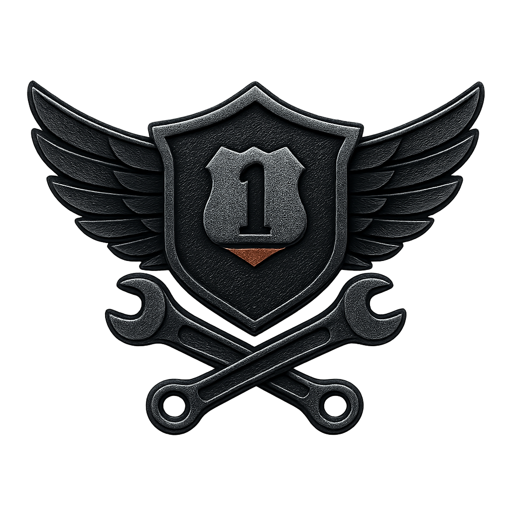 Biker-style road emblem badge with winged shield and route marker details