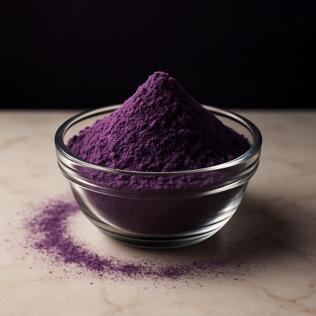 Elegantný detail UBE prášku v sklenenej miske na mramorovom pulte