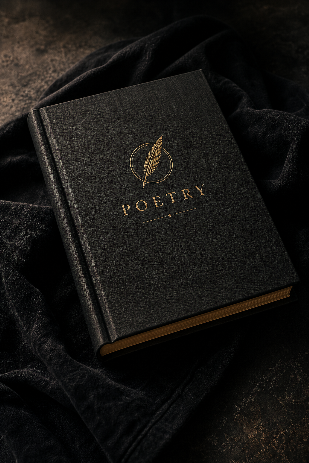 A moody hardcover poetry book with a charcoal cover and gold-embossed title resting on dark fabric under cinematic lighting
