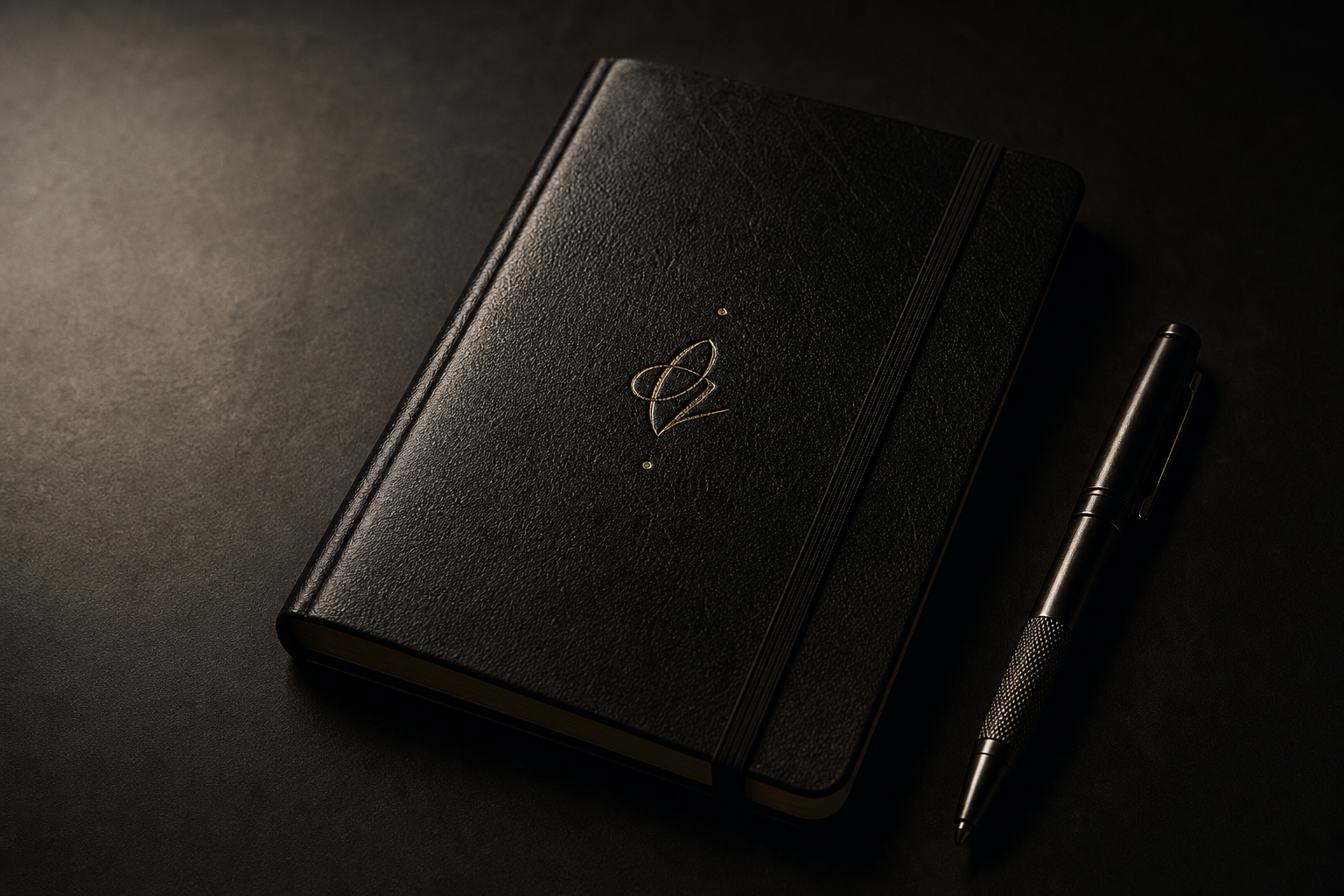 Cuaderno de tapas oscuras con letras doradas apoyado junto a una pluma metálica