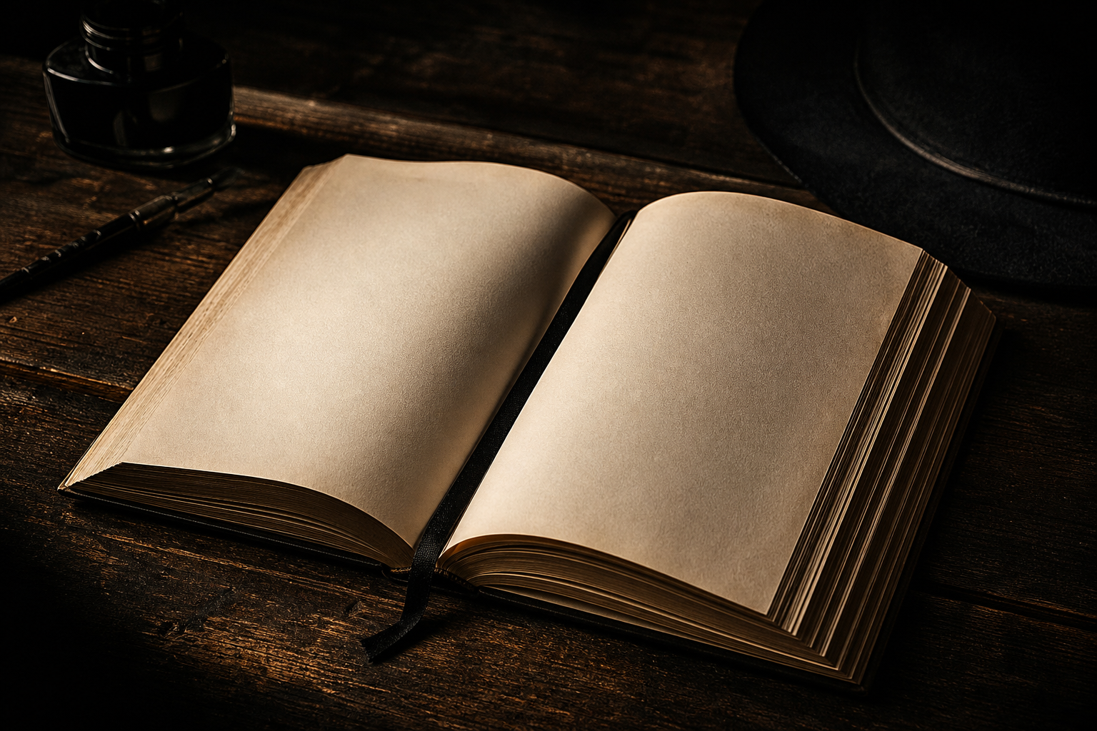 Libro abierto con páginas crema, bordes gastados y un marcador negro sobre una mesa oscura