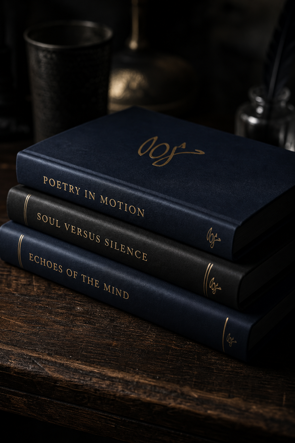 Stack of three matte-finished poetry books in midnight tones with subtle gold lettering